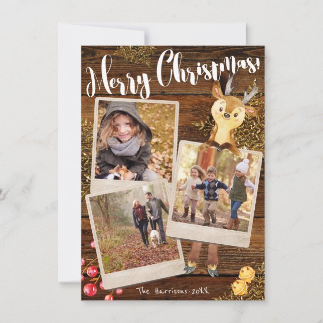 Woodland Reindeer | 3-Photo Personalized Christmas Holiday Card (Front)