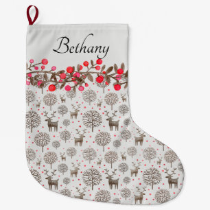 Woodland Reindeer and Berries Smoke White Large Christmas Stocking