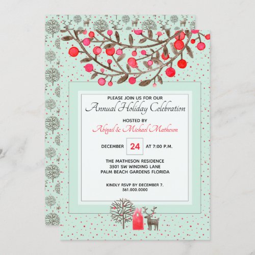 Woodland Reindeer Berries Mint Green Holiday Party Invitation