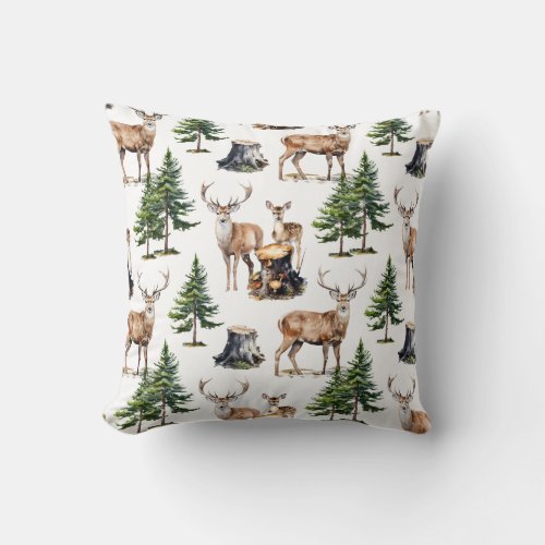 Woodland Reindeer Family Foraging Thru The Forest  Throw Pillow