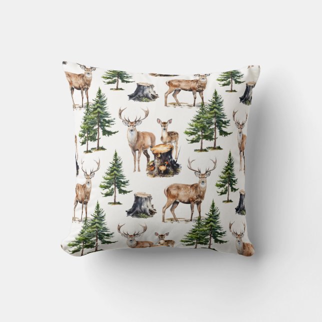 Woodland Reindeer Family Foraging Thru The Forest  Throw Pillow (Front)