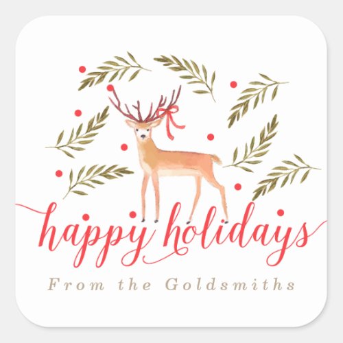 Woodland Reindeer Happy Holidays Personalized Square Sticker
