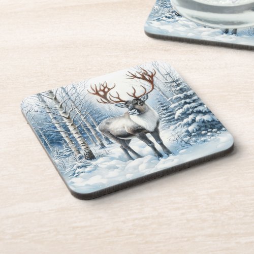 Woodland Reindeer in Winter Forest Wildlife Blank Beverage Coaster