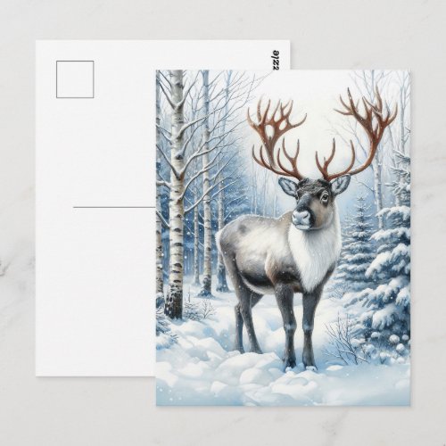 Woodland Reindeer in Winter Forest Wildlife Blank Postcard