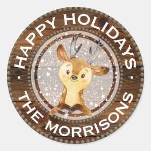 Woodland Reindeer   Rustic Christmas Personalized Classic Round Sticker