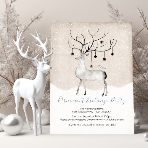 Woodland Reindeer Watercolor Ornament Exchange Invitation