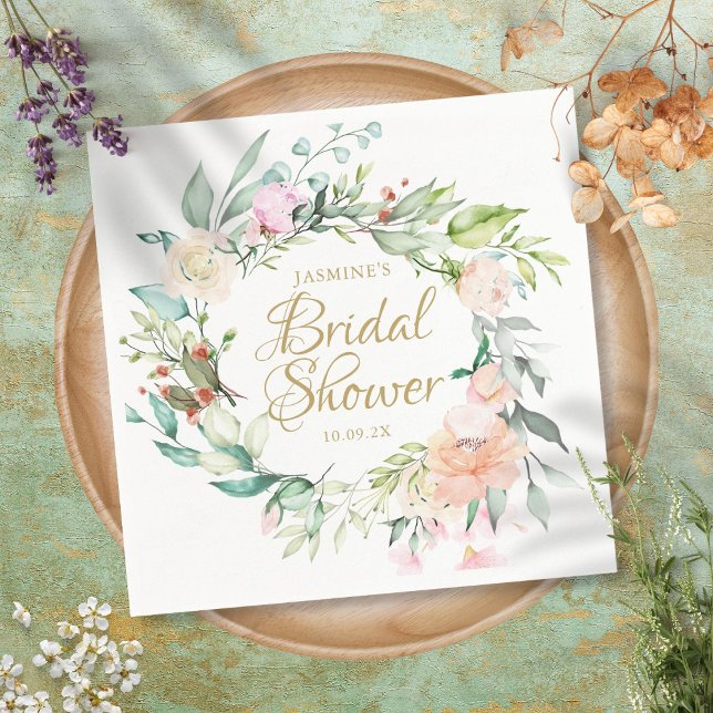 Woodland Rose Floral Gold Script Bridal Shower Napkins (Creator Uploaded)