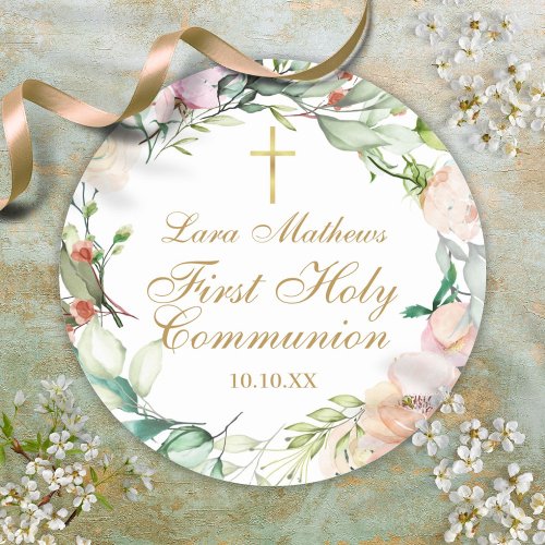 Woodland Rose Garland First Holy Communion Classic Round Sticker