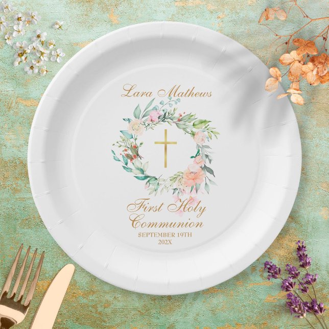 Woodland Rose Garland First Holy Communion Paper Plates (Creator Uploaded)