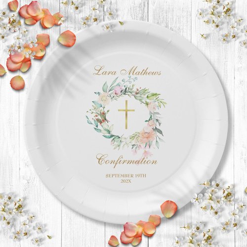 Woodland Rose Garland Gold Confirmation Paper Plates
