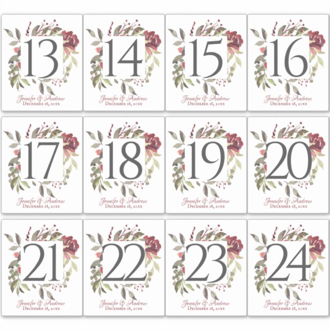Woodland Rose Table Number Stickers (Front)
