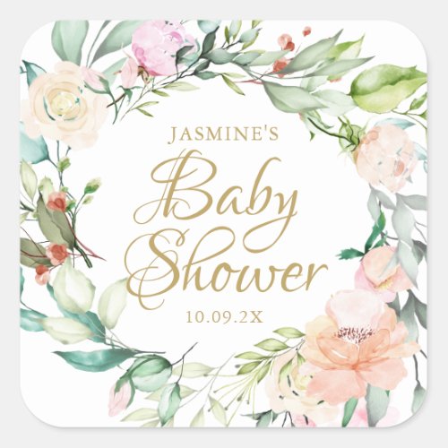 Woodland Roses Gold Script Baby Shower Square Sticker
