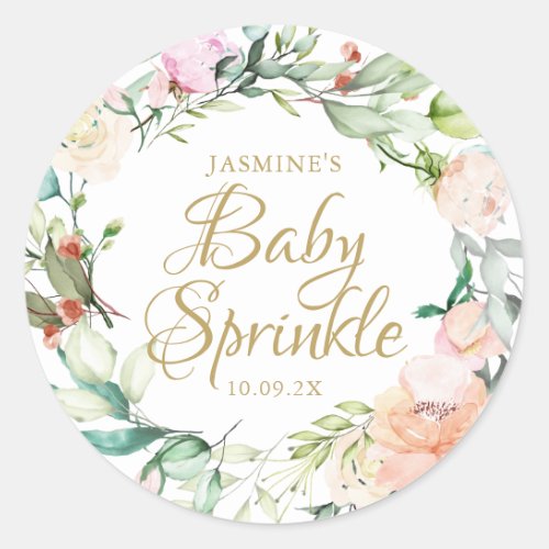 Woodland Roses Gold Script Baby Sprinkle Classic Round Sticker