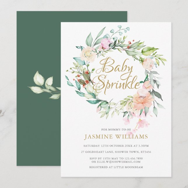 Woodland Roses Gold Script Baby Sprinkle Invitation (Front/Back)