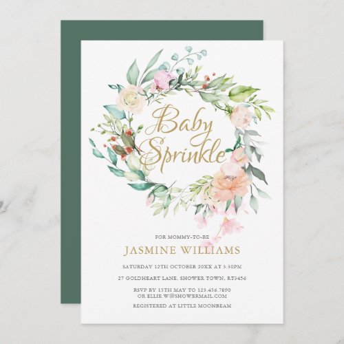 Woodland Roses Gold Script Baby Sprinkle Invitation