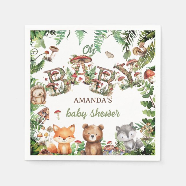 Woodland Rustic Animals Botanical Baby Shower  Napkins (Front)