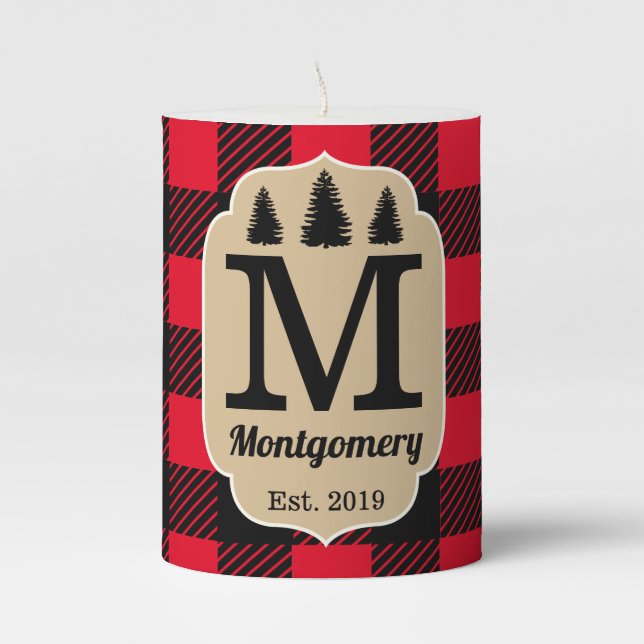 Woodland Rustic Buffalo Check Plaid Monogram Pillar Candle (Front)