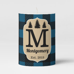 Woodland Rustic Buffalo Check Plaid Monogram Pillar Candle