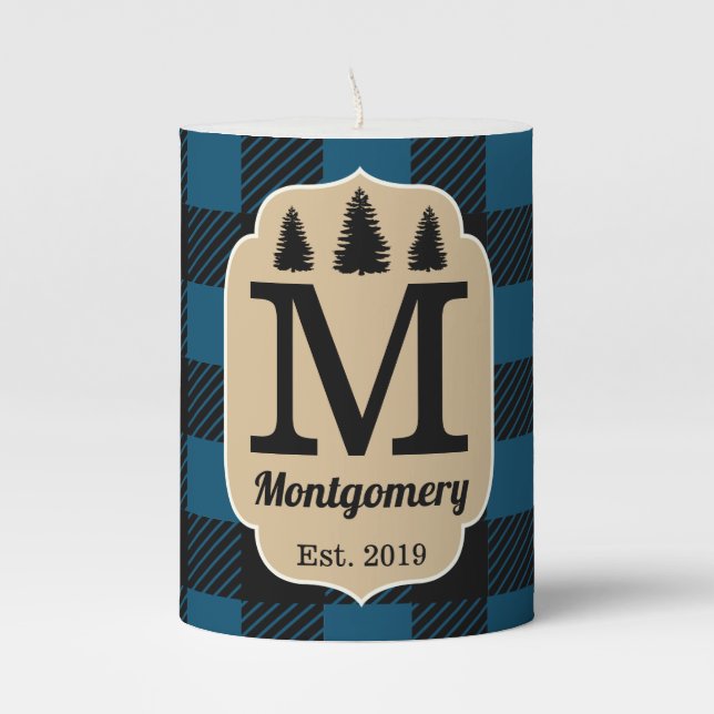 Woodland Rustic Buffalo Check Plaid Monogram Pillar Candle (Front)