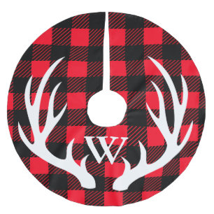 Woodland Rustic Buffalo Plaid & White Deer Antlers Brushed Polyester Tree Skirt