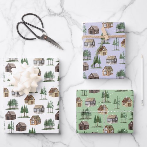 Woodland Rustic Cottage Pine Tree Snow Christmas  Wrapping Paper Sheets