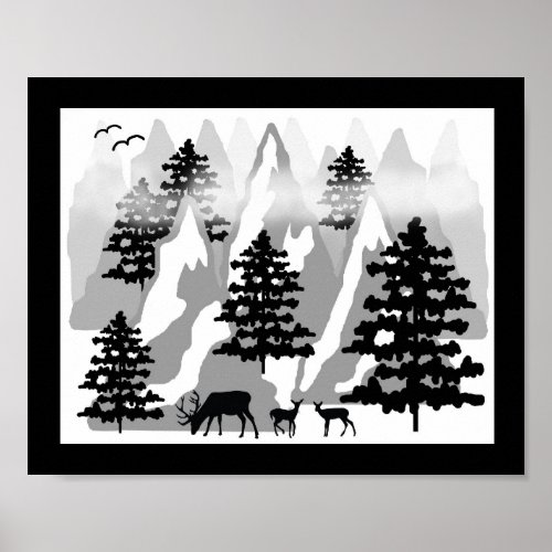 Woodland Rustic Deer Winter Mountain Forest Trees Poster