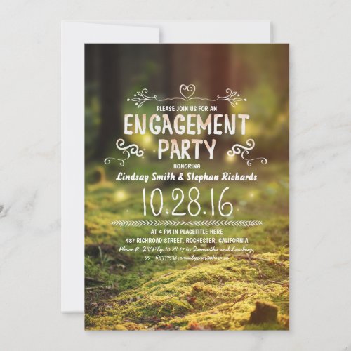 woodland  rustic outdoor engagement party invites