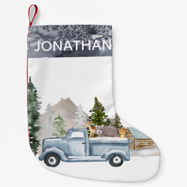 Woodland Rustic Watercolor Truck Cabin Small Christmas Stocking (Front)