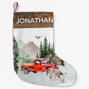 Woodland Rustic Watercolor Truck Cabin Wolf Small Christmas Stocking