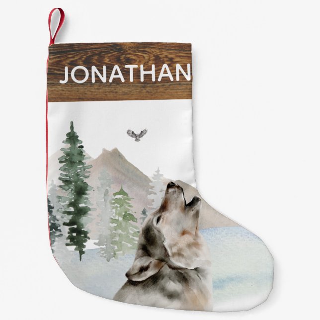 Woodland Rustic Watercolor  Wolf Forest Small Christmas Stocking (Front)