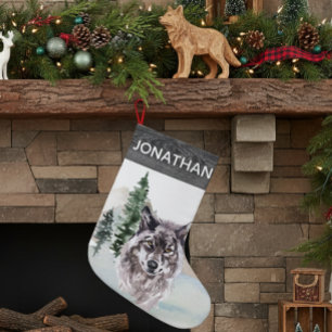 Woodland Rustic Watercolor Wolf Forest Small Christmas Stocking