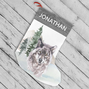 Woodland Rustic Watercolor Wolf Forest Small Christmas Stocking