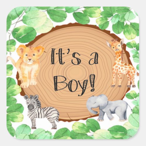 Woodland Safari Animals Baby Shower Its a Boy  Square Sticker