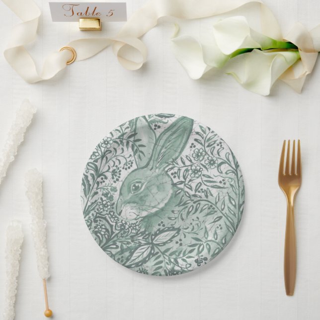 Woodland Sage Green Bunny Rabbit Floral Foliage Paper Plates (Wedding)