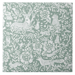 Woodland Sage Green Forest Animals Deer Fox Rabbit Ceramic Tile