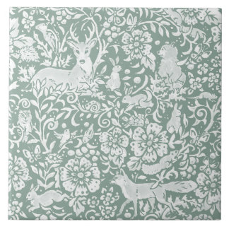 Woodland Sage Green Forest Animals Deer Fox Rabbit Ceramic Tile