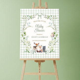 Woodland Sage Green Gingham Baby Shower Welcome Foam Board