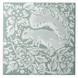 Woodland Sage Green Squirrel Nature Ceramic Tile