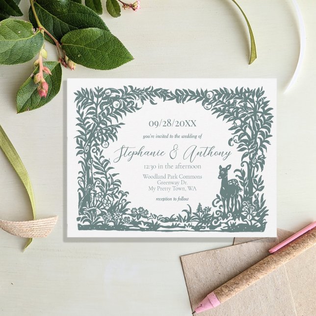 Woodland Sage Green White Forest Scene Silhouette Invitation (Creator Uploaded)