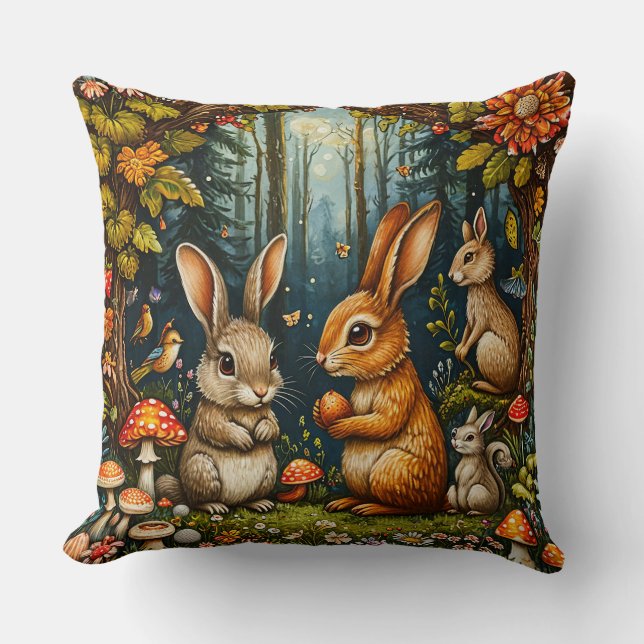 Woodland Scene with Cute rabbits Throw Pillow (Front)