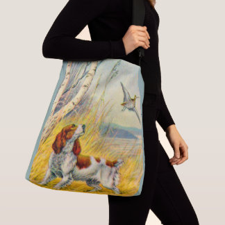 woodland scene with dog and bird crossbody bag