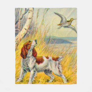 woodland scene with dog and bird fleece blanket