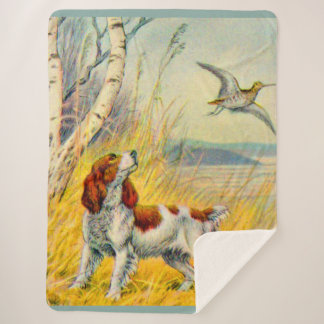woodland scene with dog and bird sherpa blanket