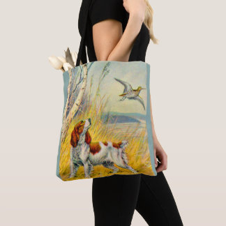 woodland scene with dog and bird tote bag
