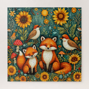 Woodland Scene with Foxes, Birds, Sunflowers Jigsaw Puzzle