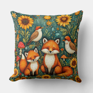Woodland Scene with Foxes, Birds, Sunflowers Throw Pillow