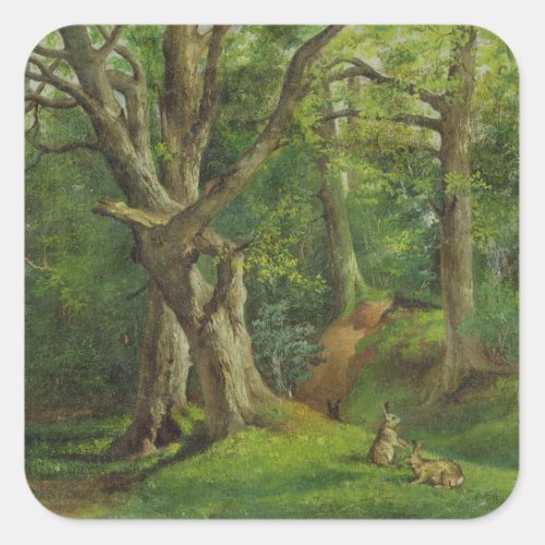 Woodland Scene with Rabbits 1862 oil on canvas Square Sticker