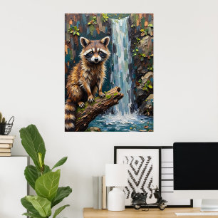 Woodland Serenity: Raccoon by the Falls Poster