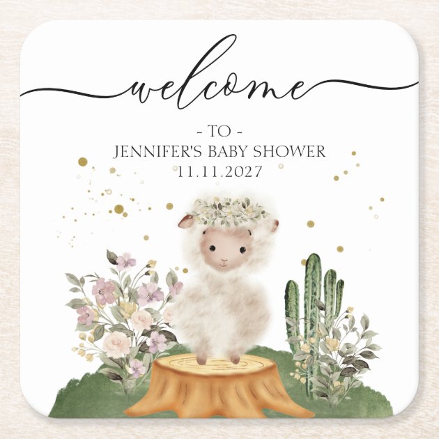 Woodland Sheep Girl Boy Baby Shower Square Paper Coaster
