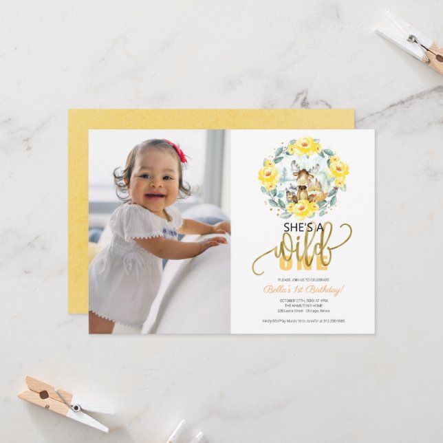 Woodland She's A Wild One Photo First Birthday Inv Invitation (Front/Back In Situ)